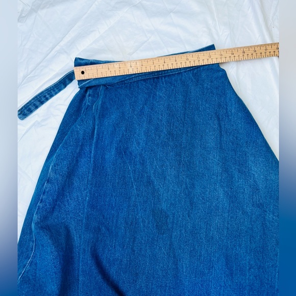 True vintage 70s 90s Pulse cross over tie waist denim A-line midi circle skirt - Picture 6 of 8